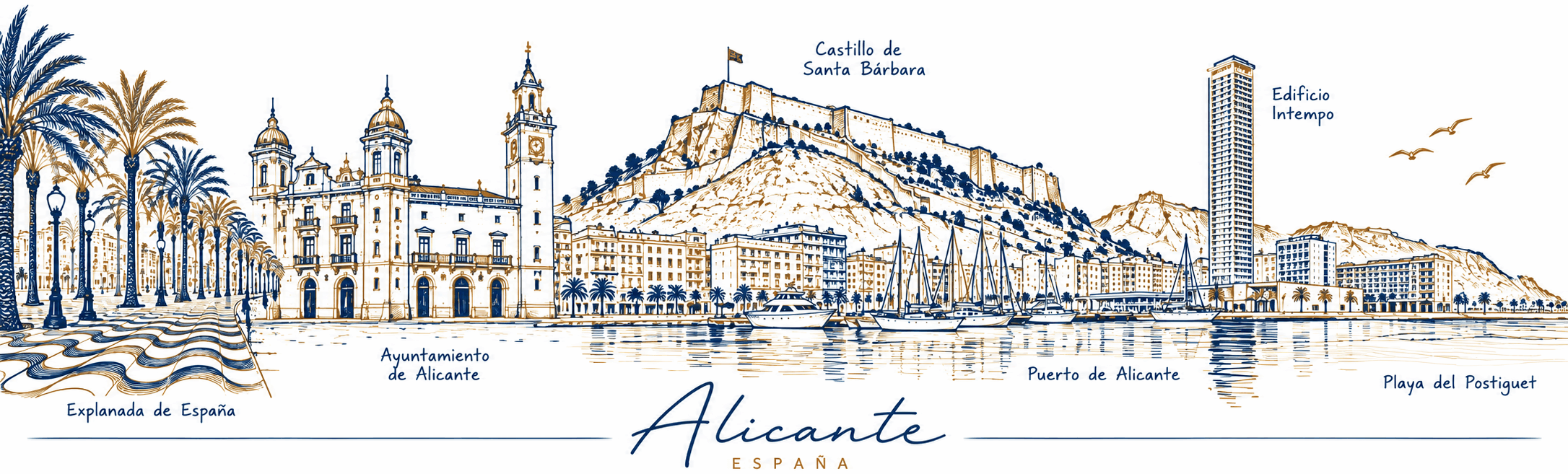 Illustrated skyline of Alicante: the Explanada de España, the city hall, Santa Bárbara castle, the port and Playa del Postiguet