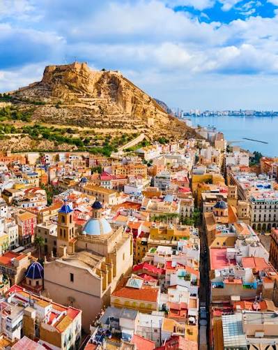 Aerial view of Alicante old town below Santa Bárbara castle